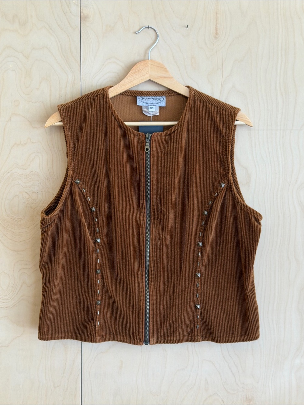 Vintage Stonebridge Brown Corduroy Zip-Front Studded Vest